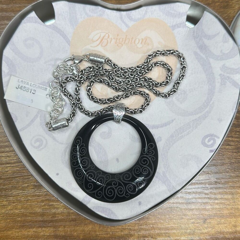 Brighton Lava Lounge Black Necklace Silver Chain‎ NEW Open Round Pendant